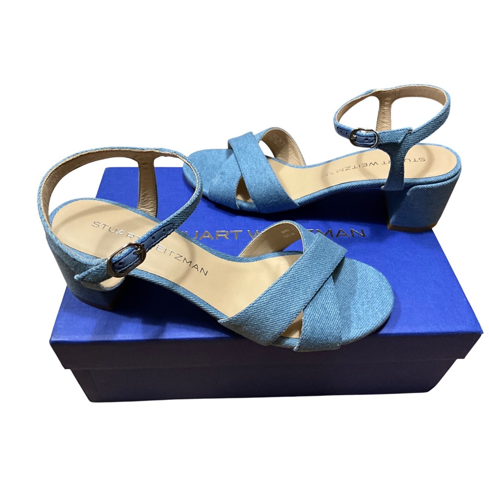 Stuart Weitzman Blue Denim Block Heel Sandals Crisscross Ankle Strap Spain 7B